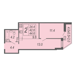 1 комнатная 44.6м²