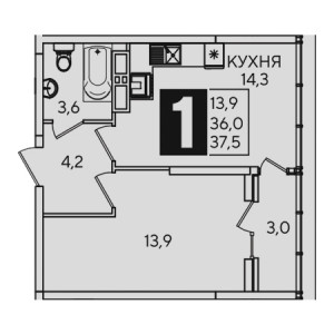 1 комнатная 37.5м²