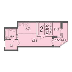 1 комнатная 43.3м²