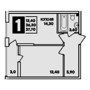 1 комнатная 37.7м²