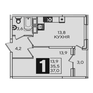 1 комнатная 37м²