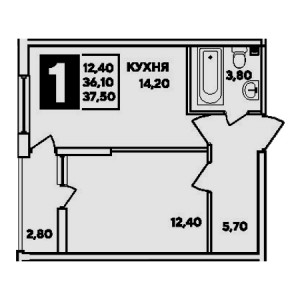 1 комнатная 37.5м²