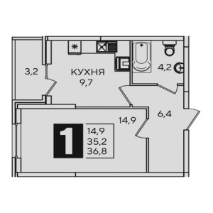 1 комнатная 36.8м²