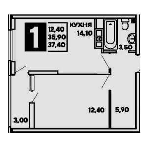 1 комнатная 37.4м²