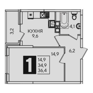 1 комнатная 36.4м²