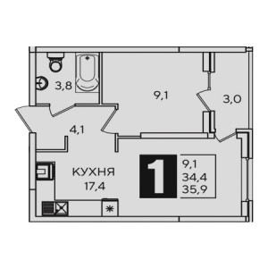 1 комнатная 35.9м²