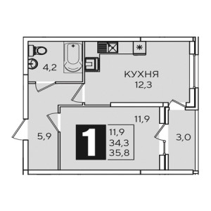 1 комнатная 35.8м²