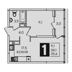 1 комнатная 35.6м²