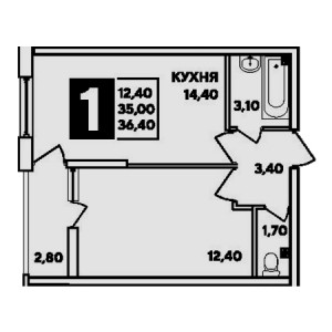 1 комнатная 36.4м²