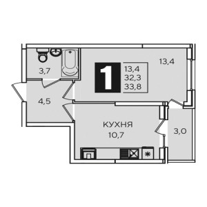 1 комнатная 33.8м²