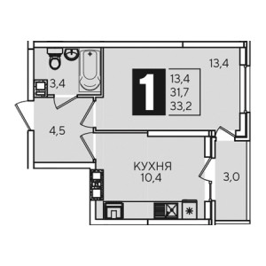 1 комнатная 33.2м²