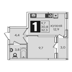 1 комнатная 32.3м²