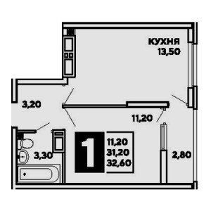 1 комнатная 32.6м²