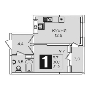 1 комнатная 31.6м²