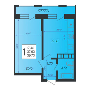 1 комнатная 39.7м²