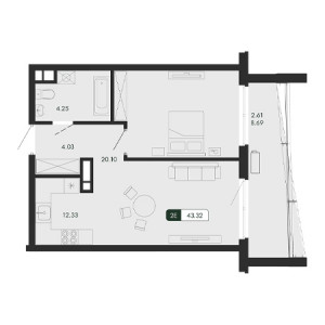 2 комнатная 43.32м²