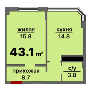 1 комнатная 43.1м²