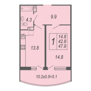 1 комнатная 47.9м²