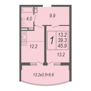 1 комнатная 45.9м²