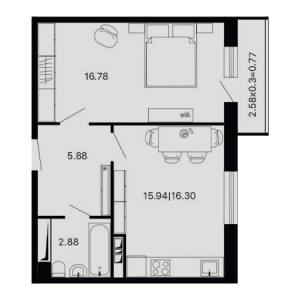 1 комнатная 43.61м²