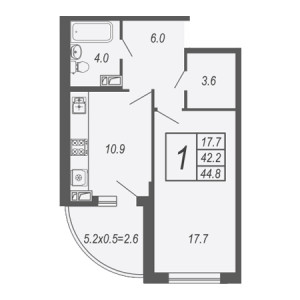 1 комнатная 44.8м²