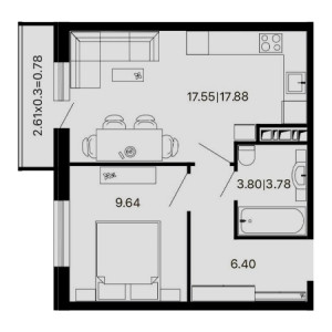 1 комнатная 38.48м²