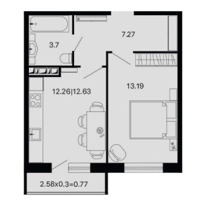 1 комнатная 37.56м²