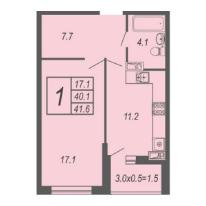 1 комнатная 41.6м²