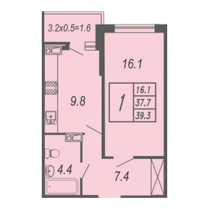 1 комнатная 39.3м²