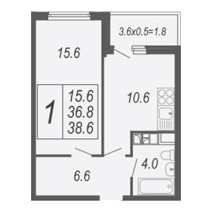 1 комнатная 38.6м²