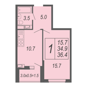 1 комнатная 36.4м²