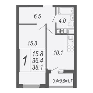 1 комнатная 38.1м²