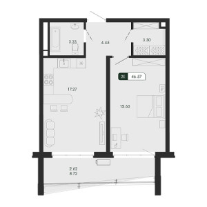 2 комнатная 46.57м²