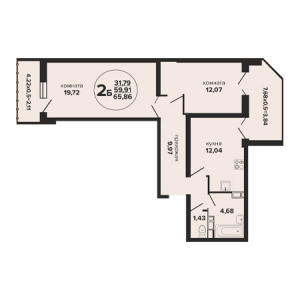 2 комнатная 65.86м²