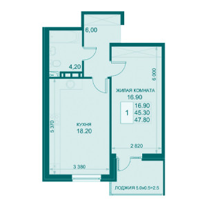 1 комнатная 47.8м²