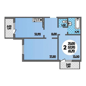 2 комнатная 61.7м²