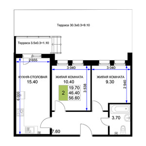 2 комнатная 56.6м²