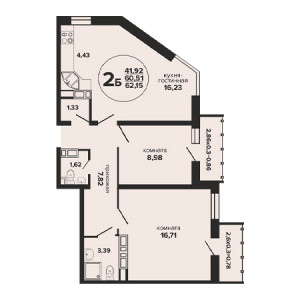 2 комнатная 62.15м²