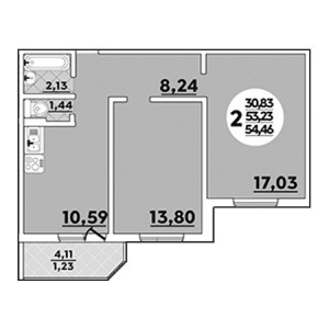 2 комнатная 54.46м²