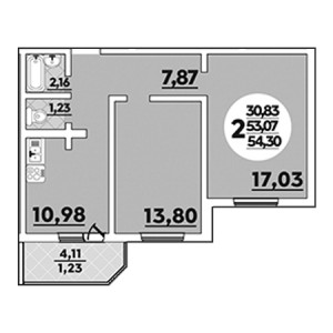 2 комнатная 54.3м²