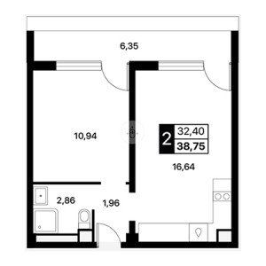 1 комнатная 38.75м²