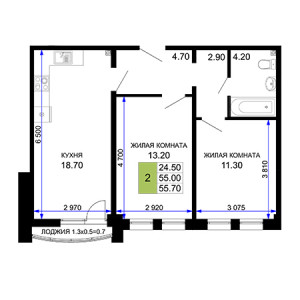 2 комнатная 55.7м²