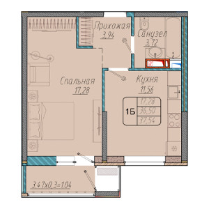 1 комнатная 37.54м²