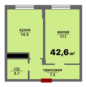 1 комнатная 42.6м²