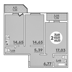 2 комнатная 66.53м²