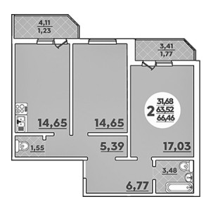 2 комнатная 66.46м²