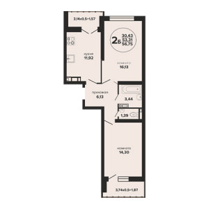 2 комнатная 56.75м²