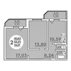 2 комнатная 56.17м²