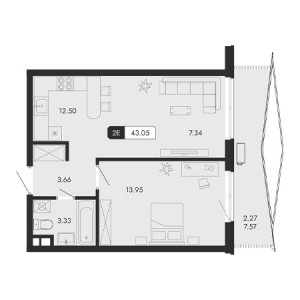 2 комнатная 43.05м²