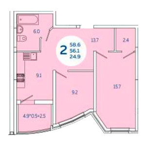 2 комнатная 58.6м²